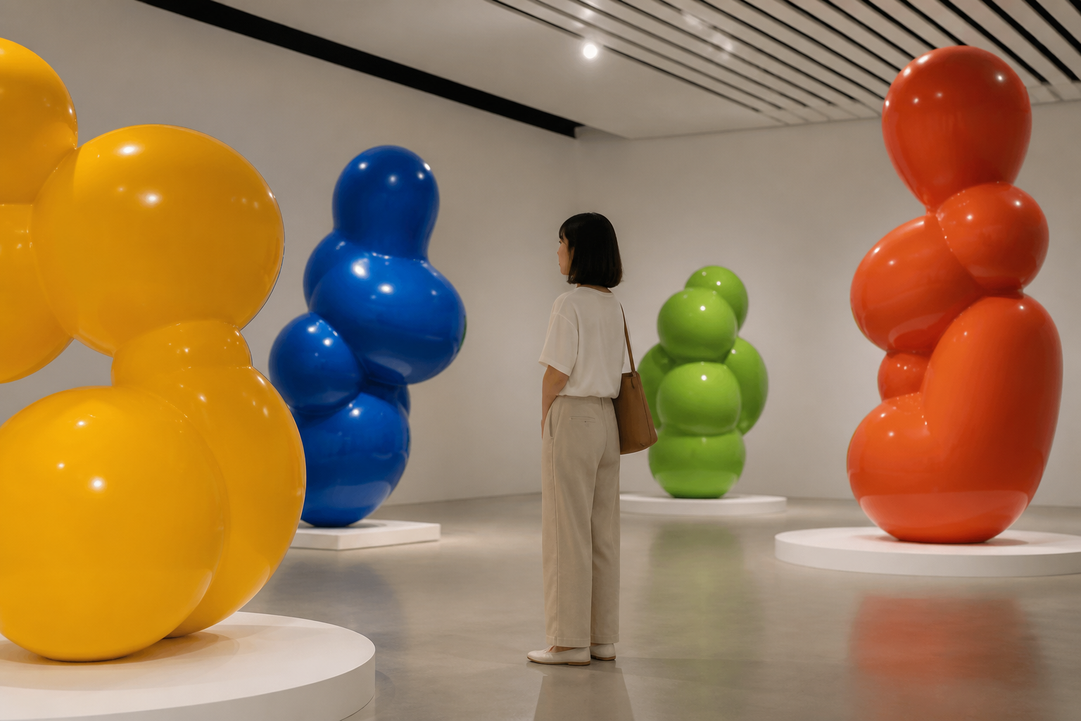 圓潤造型當代雕塑展覽氛圍示意圖