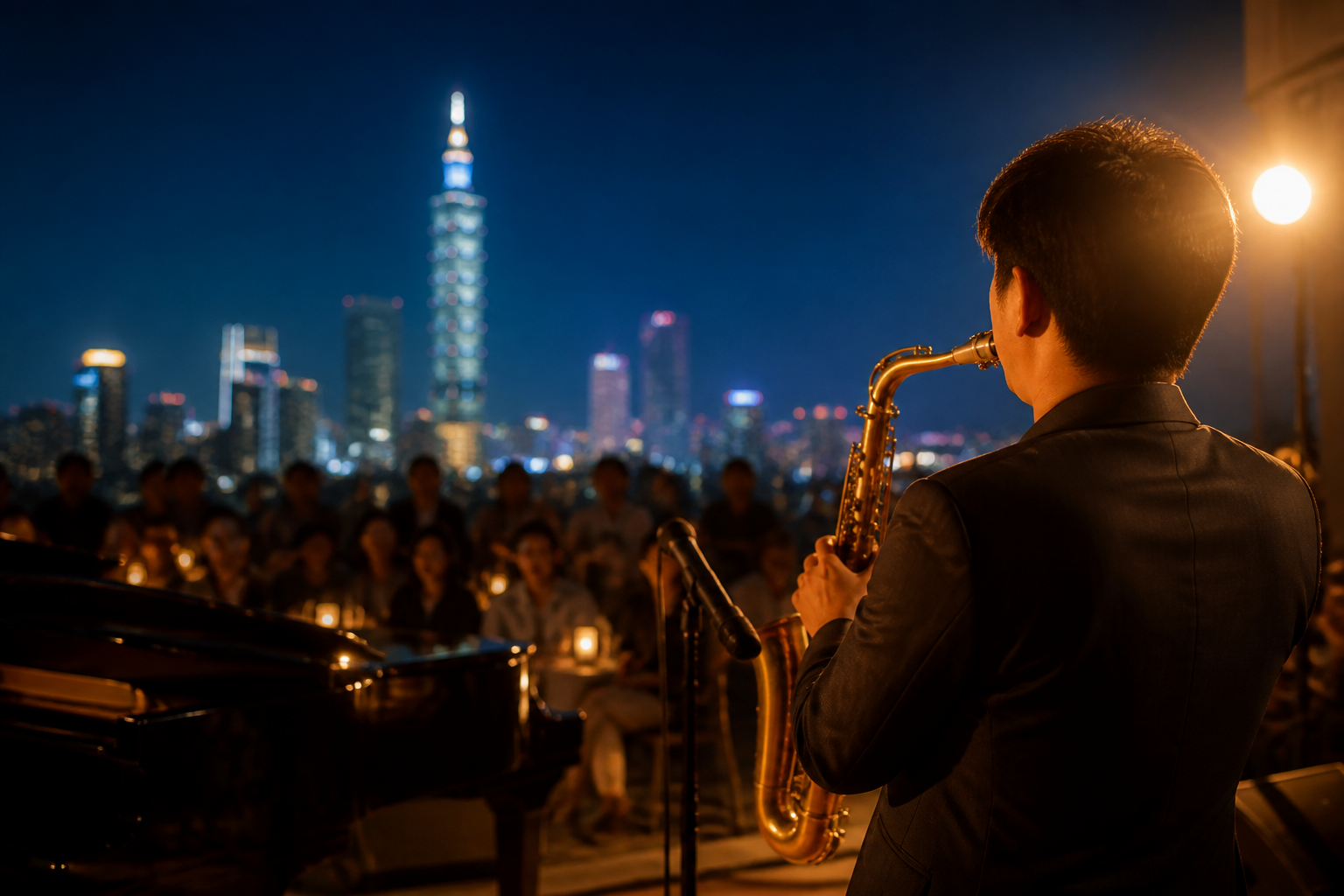 戶外爵士舞台夜景情境圖