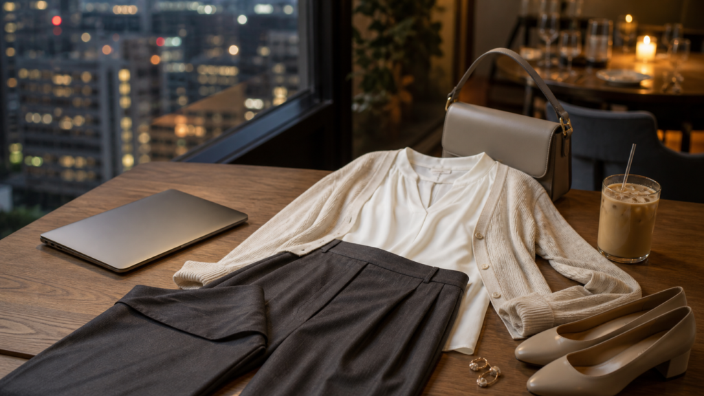 夏末下班直接約會穿搭:白色上衣、寬褲與小包