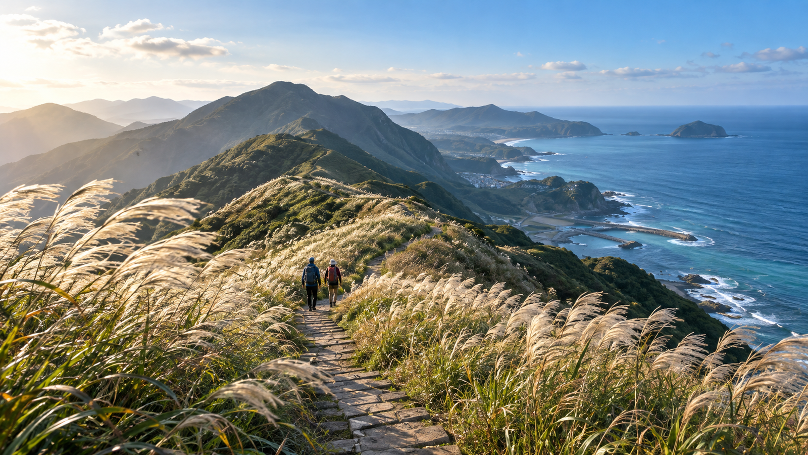 草嶺古道秋季芒花與海景示意圖