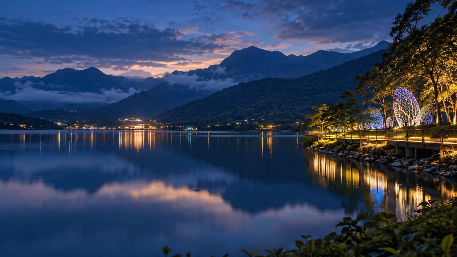 花蓮鯉魚潭夜間光影與湖面倒影示意圖