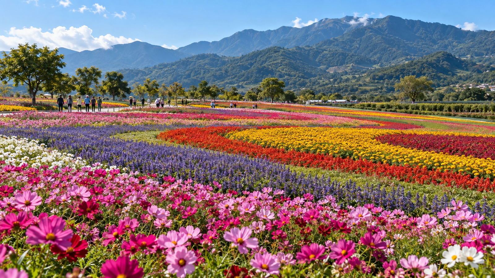 新社花海秋季花毯全景，台中山城花海旅行氛圍
