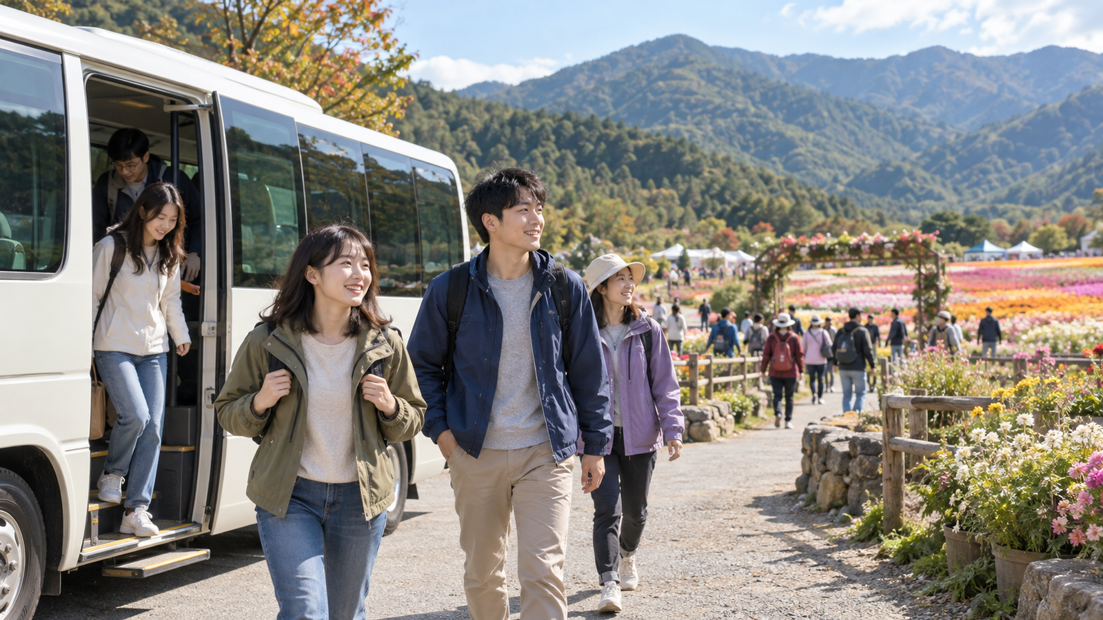 旅客搭接駁抵達台中新社花海的情境