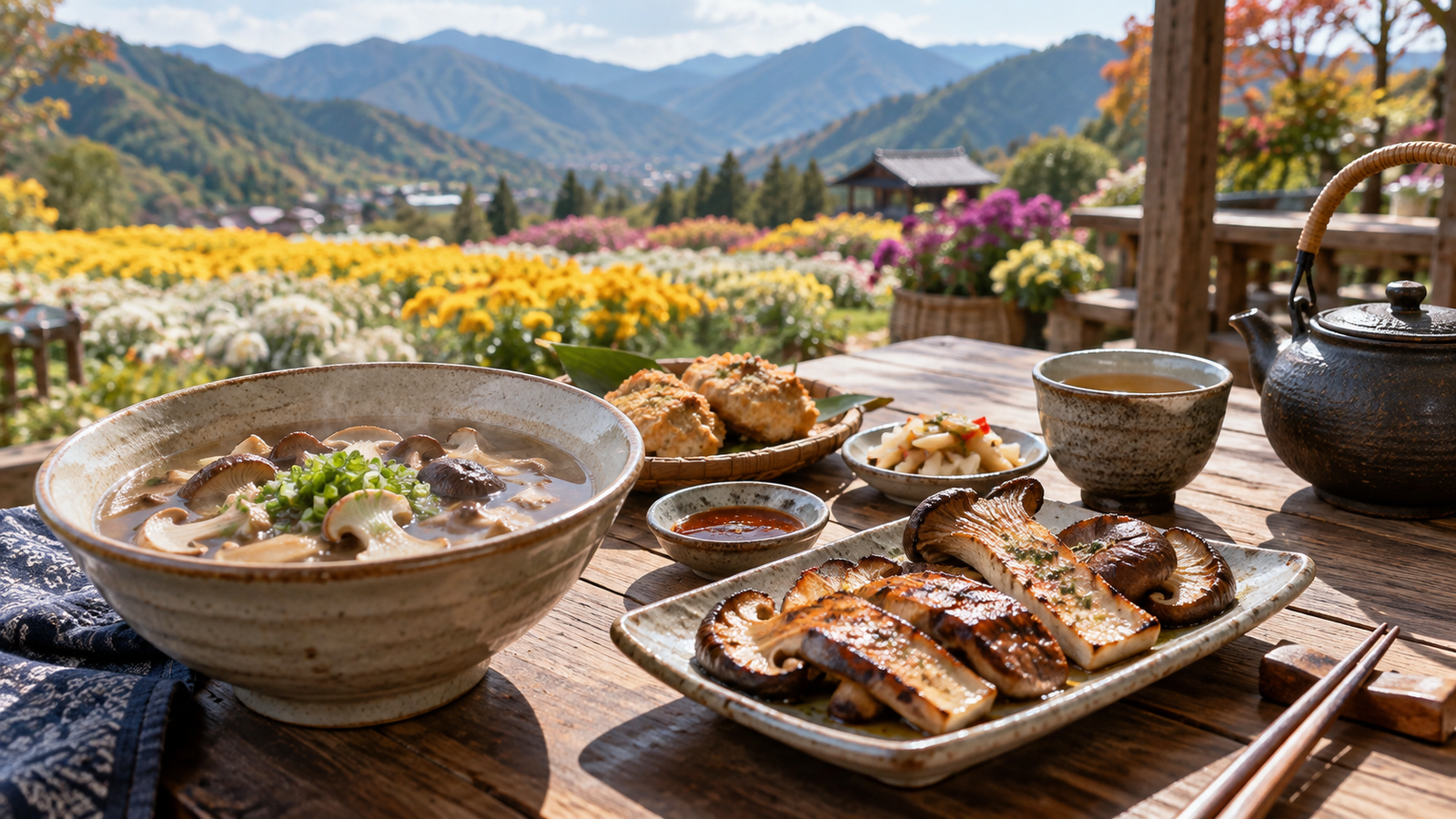新社山城菇類料理與賞花午餐情境