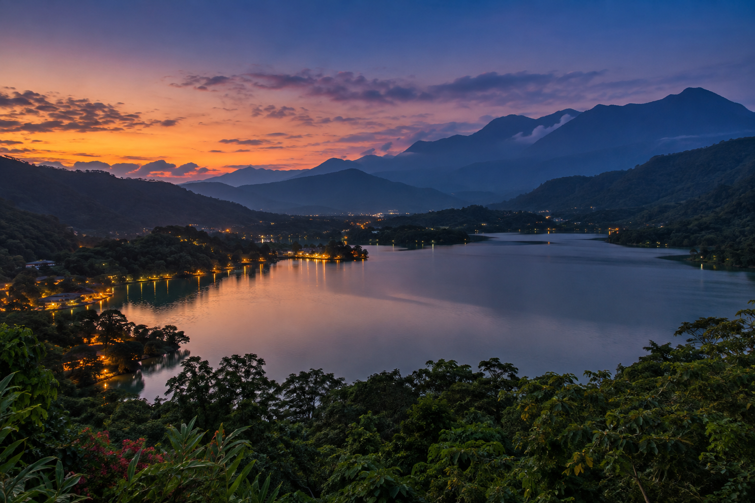 花蓮山湖暮色與水岸燈光示意圖