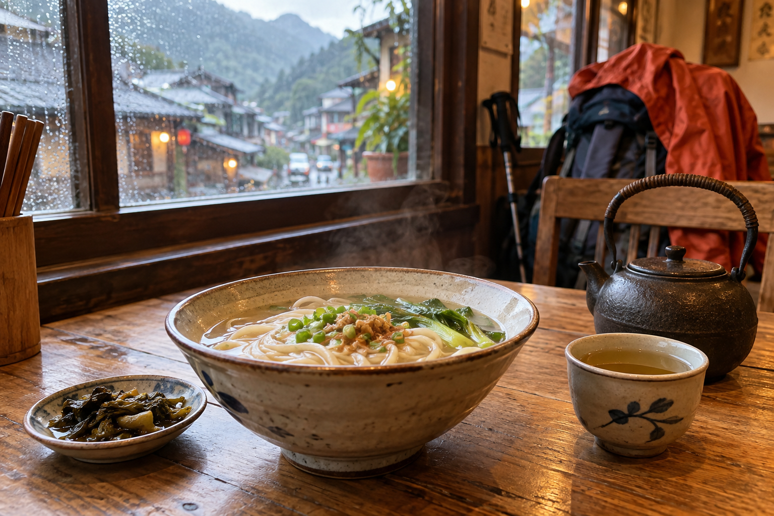 登山後熱湯與茶點休息示意圖
