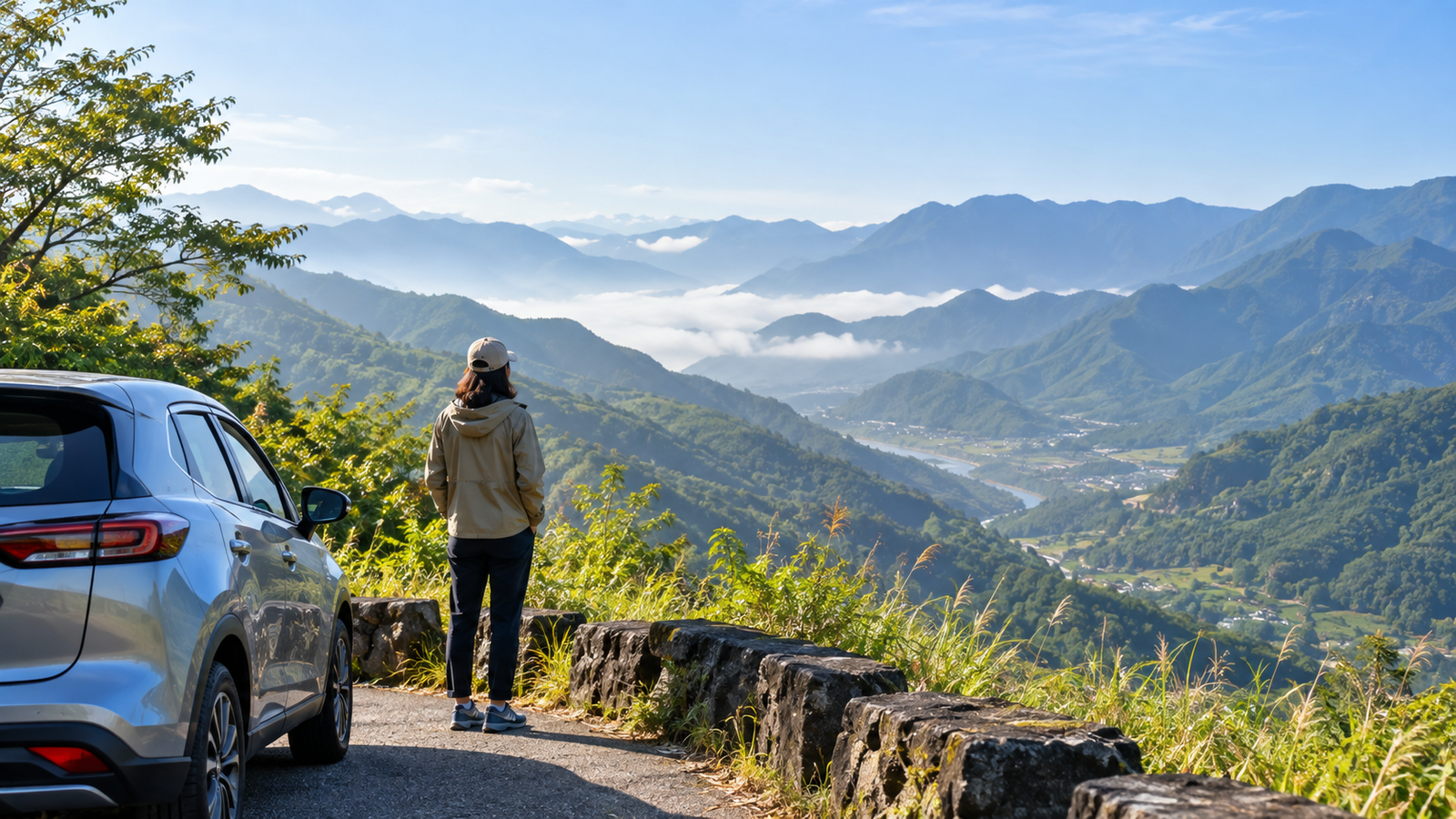旅客在中央山區觀景點停留欣賞山谷景色,AI 生成示意圖