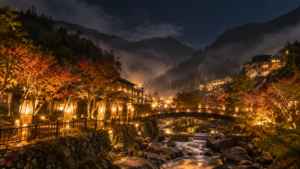 谷關山谷燈光節秋季夜晚山谷與溪畔暖光旅行氛圍，AI 生成示意圖