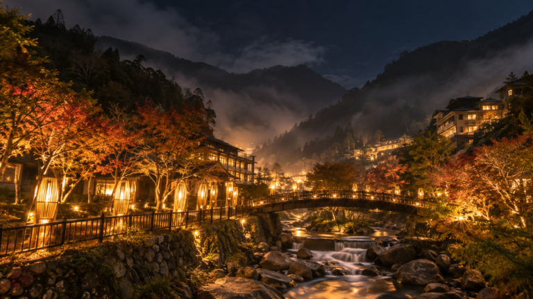 谷關山谷燈光節秋季夜晚山谷與溪畔暖光旅行氛圍,AI 生成示意圖