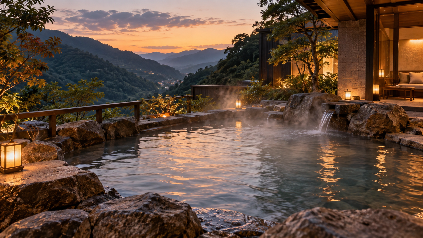 中央山區溫泉旅宿的戶外石造泡湯空間與山景,AI 生成示意圖