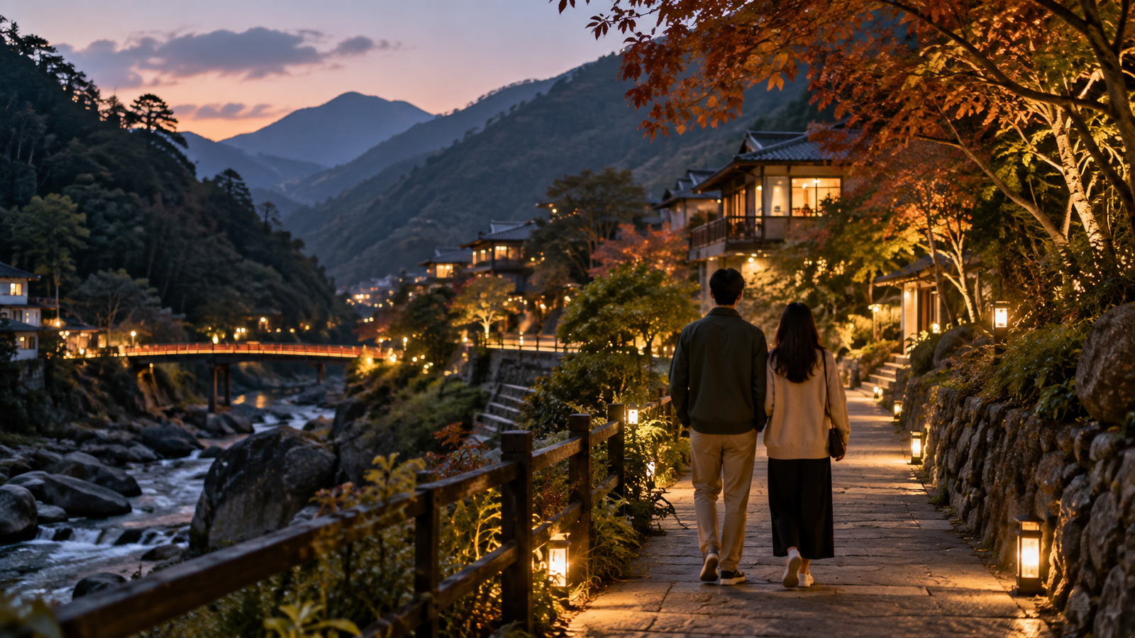 旅客在山谷溪畔暖光步道散步的秋季夜晚情境,AI 生成示意圖