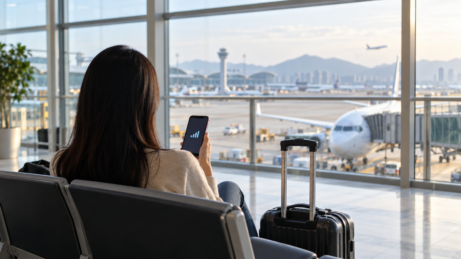 旅客在機場候機區確認手機網路的情境,AI 生成示意圖