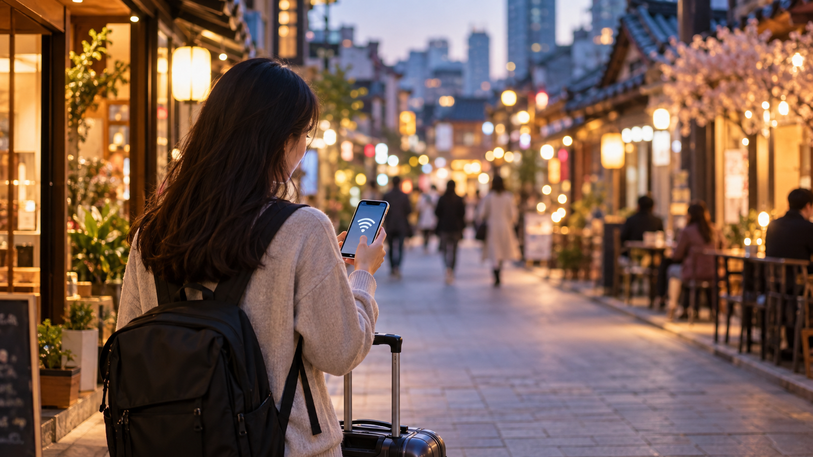 旅客抵達海外城市街頭後使用手機網路查詢路線,AI 生成示意圖