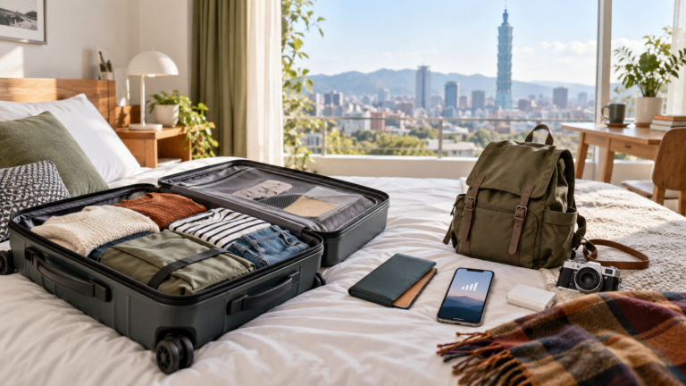 出國前整理行李與確認海外上網的旅行準備情境,AI 生成示意圖
