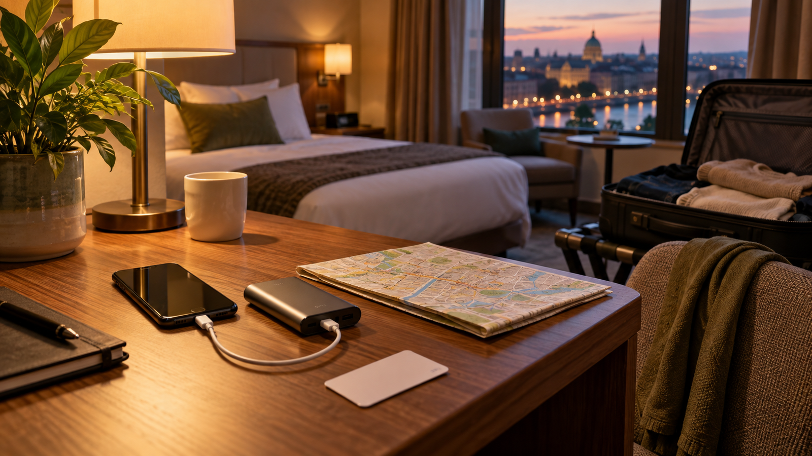 旅館房間內整理手機、行動電源與行李的旅行夜晚情境,AI 生成示意圖