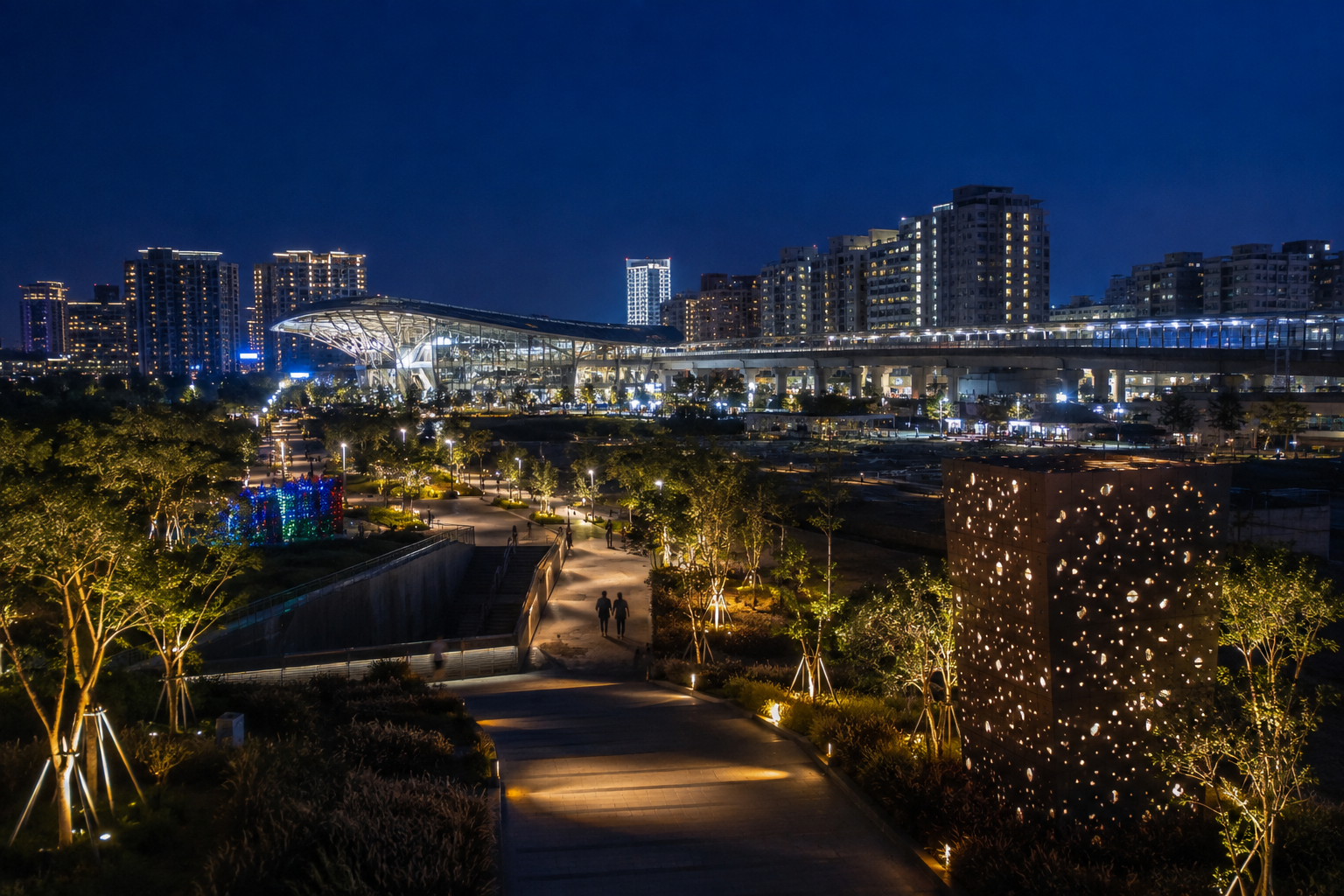桃園秋季夜晚城市散步意象，AI 生成示意圖