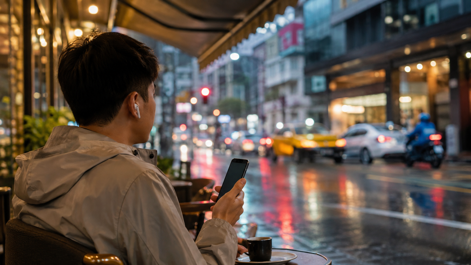 雨天城市中使用無線耳機的情境，AI 生成示意圖