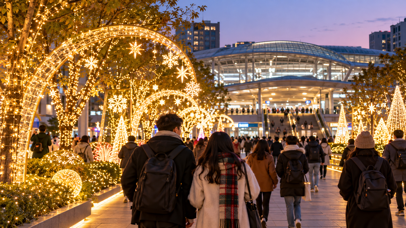 夜晚步行前往城市燈節的旅遊示意圖